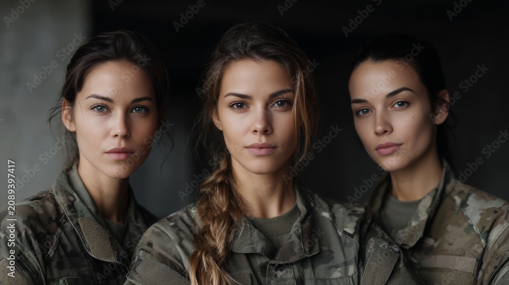 Fototapeta premium three women soldiers in military uniform