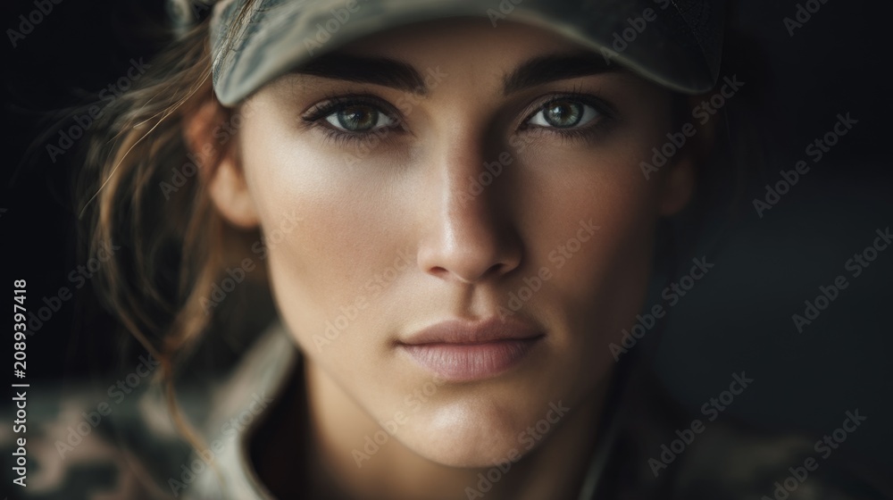 Fototapeta premium close up portrait of young woman soldier in military uniform