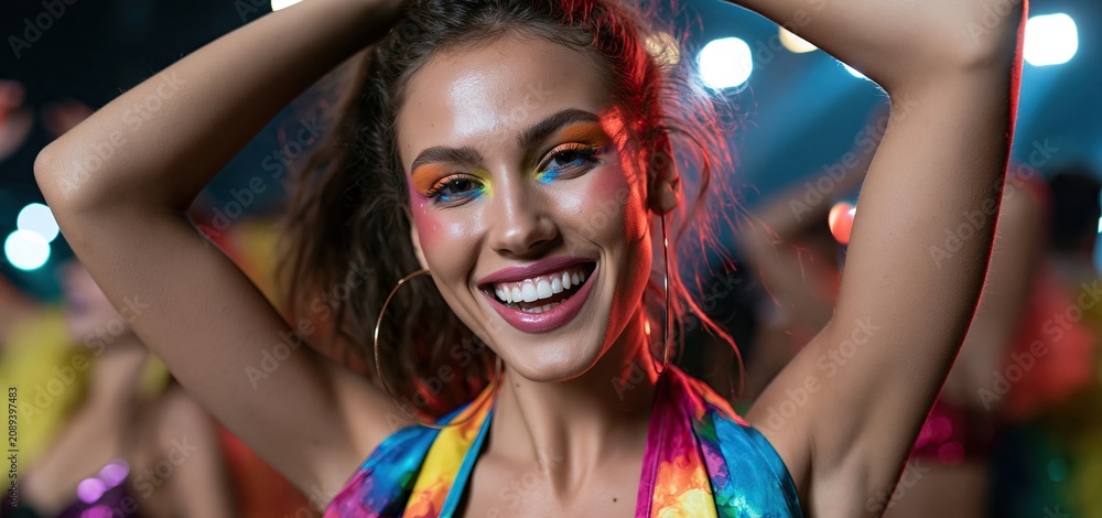 Fototapeta premium At a festive carnival, a joyful performer showcases vibrant costume and expressive makeup, radiating theatrical energy.