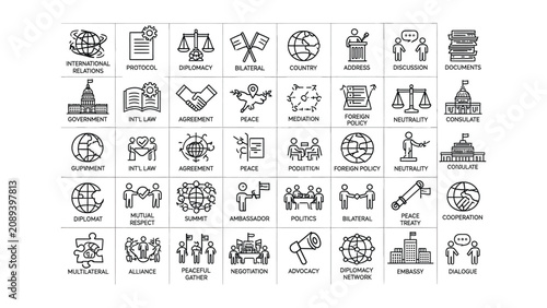 Tableau sur toile Set of line icons related to international relations and diplomacy concepts  var