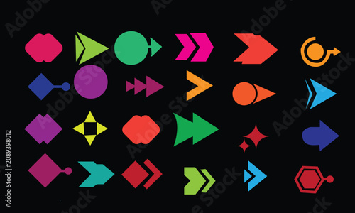 Multicolored vibrant alternative pop art arrow chart on black background, neon tones geometric interface pointer shapes matrix, funky youth fashion direction layouts bundle