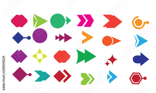 Multicolored playful geometric navigation arrow shapes isolated on white background, colorful interface pointer matrix collection, cute lifestyle design elements sticker pack