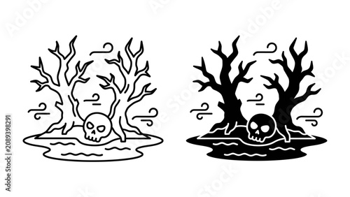 Slika na platnu Eerie Forest Scene with Skull: A spooky illustration depicts bare, twisted trees and a human skull partially submerged in murky water, set against a backdrop of wind and mist