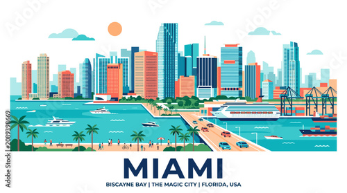 Miami Florida Skyline Vector Illustration in Flat Modern Coastal Style with Turquoise and Coral Color Palette