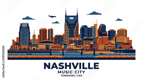 Nashville Tennessee Skyline Vector Illustration Featuring Downtown Landmarks in Modern Flat Style, Warm Orange, Copper, Beige and Deep Navy Blue Color Palette