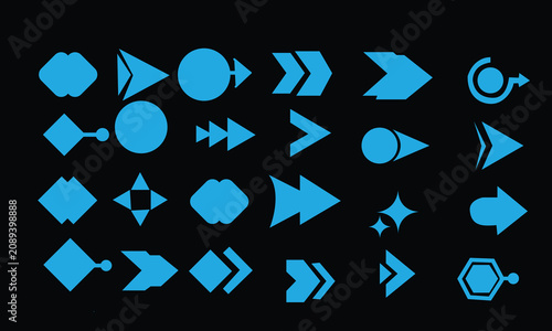 Electric cyan blue geometric navigation arrow symbols matrix on black background, glowing blue interface pointer shapes layout, tech system direction indicators presentation charts