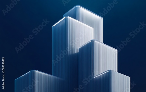 Abstract digital art structure architectural building like design elements with smooth glow and dark blue background.