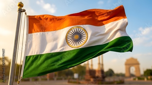 Indian national flag waving in golden sunlight against ancient stone ruins backdrop