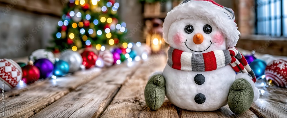 Fototapeta premium A joyful snowman with striped scarf and green mittens sits amid vibrant holiday decorations on a warm wooden surface.