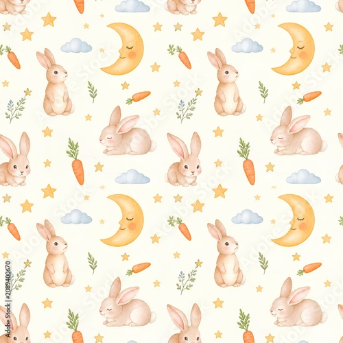seamless pattern with design of rabbit, moon, carrot, cloud suitable for fabric printing, paper wrapping  