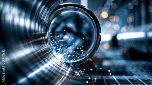 Abstract industrial background with bright sparks and glowing light inside a metal pipe, symbolizing technology and energy