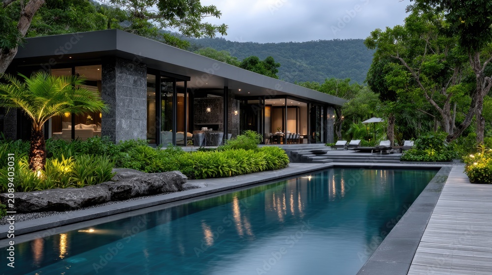 Fototapeta premium Floating glass villas in a tropical rainforest with lagoon views and infinity pools create a luxurious escape in a sustainable eco resort