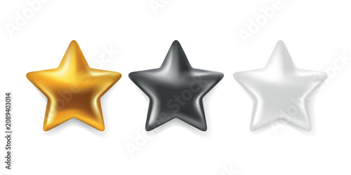 Glossy Metallic Star Set Gold Silver and White Vector Illustration