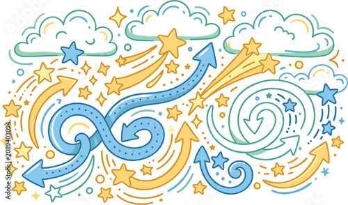 Hand drawn vector illustration with curved arrows stars and clouds symbolizing direction growth progress success goal achievement and strategic future path planning