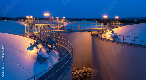 Industrial oil storage tanks at night, fuel refinery terminal with glowing lights, large petroleum reservoir containers under blue twilight sky