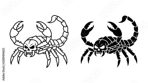 Fotografía Scorpion Skull Illustration: A menacing illustration of a scorpion with a skull-like face and raised claws, presented in both outlined and solid black versions, symbolizing danger and power