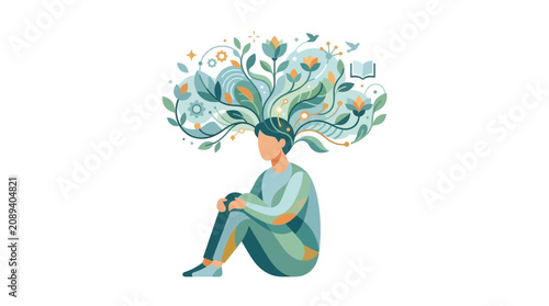 Person with blooming thoughts and ideas emerging from head, creativity concept