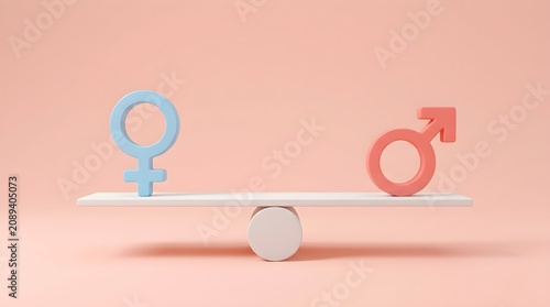Female and male gender symbols balancing on a wooden seesaw on a soft pink background representing equality comparison and social parity concepts