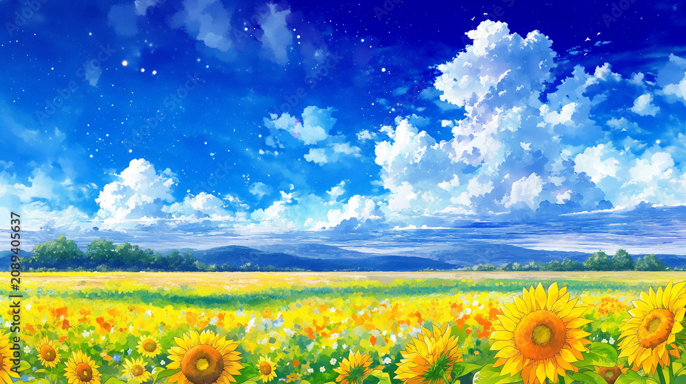 Obraz premium 夏空の下で一面に咲くひまわり畑と雄大な雲の流れを描いたパノラマ風景イラスト、遠景まで抜ける壮観構図表現美、向日葵、花畑、夏空、雲、田園、平原、自然、絶景、爽快、開放感、背景、壁紙、パノラマ、アニメ風、幻想的、旅行、観光、癒やし、田舎、遠景、広角、晴天、日差し、ポスター、表紙、バナー、広告、装飾、ヘッダー、コピースペース、風景画、植物、自然素材、華やか、明るい、希望、物語性、印象的