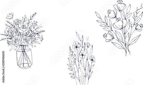 Schilderij op canvas Flowers in a glass vase and botanical bouquets are depicted in this elegant black and white line art illustration which offers ample copy space for creative design projects