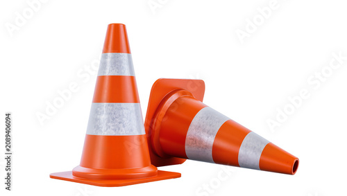 Obraz na plátně Isolated two orange traffic safety cones, one standing upright, the other lying on its side