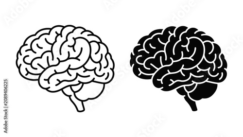 Bild auf Leinwand Brain Icon Set: Two stylized illustrations of the human brain, one in black outline and the other in solid black, represent intellect, thought, and cognitive function