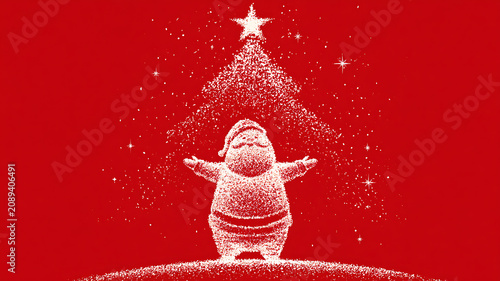 A white illustration of santa claus standing on a snowy hill with his arms outstretched in front of a christmas tree on a red background with snowflakes and stars