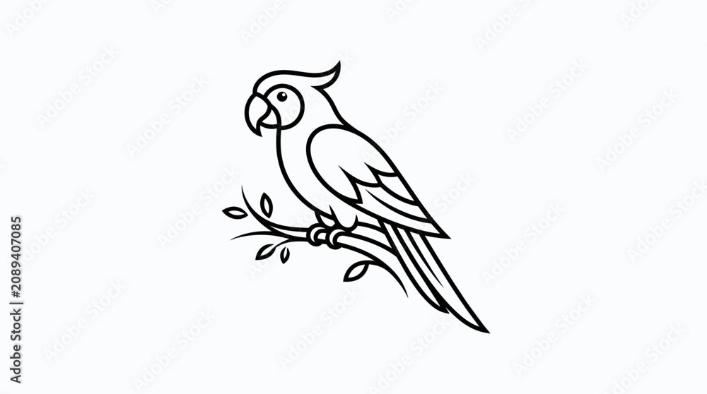 Fototapeta premium A black and white illustration of a parrot perched on a branch with leaves.