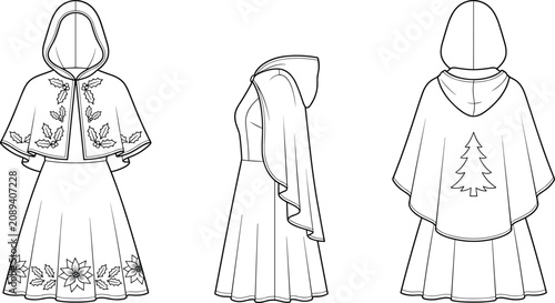 Quadro em tela Christmas themed hooded dress and cape fashion technical sketch showing front si