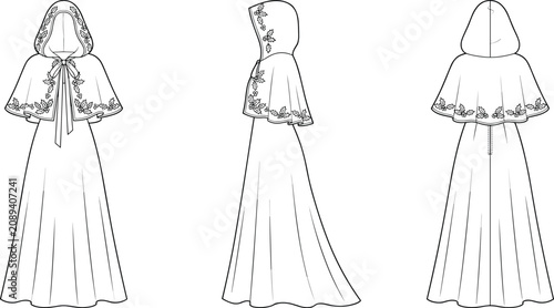 Fotografia Christmas themed hooded cape and long gown fashion technical sketch showing mult