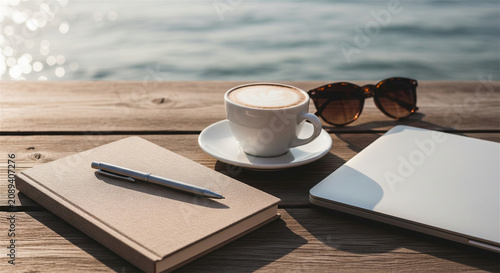 Remote work lifestyle with coffee cup and notebook on wooden table, digital nomad workspace by the sea, outdoor office with laptop and sunglasses