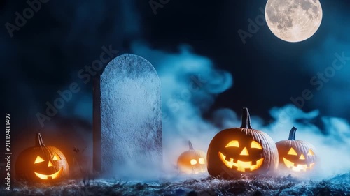 Spooky halloween graveyard with glowing jack-o'-lanterns under a full moon