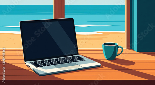 Digital nomad workspace with laptop and coffee cup on wooden desk, tropical beach view through window, remote work and freelance lifestyle concept