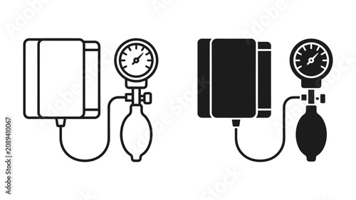 Canvas Print Blood Pressure Monitor Icon Set: A collection of line art and silhouette icons depicting a blood pressure monitor, featuring a cuff, bulb, and gauge, representing health and medical equipment