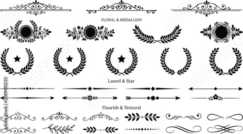 Foto Black laurel wreath dividers, floral medallion headers, isolated decorative bord