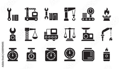 Quadro em tela Industrial measurement and production icons with cranes and pressure gauges black shapes