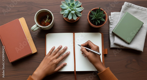 Minimalist workspace with hands writing in open notebook, cozy wooden desk with succulents and tea, creative journaling and planning concept