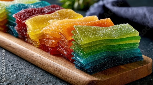 Stack of colorful sugar coated fruit candy slices on a wooden board