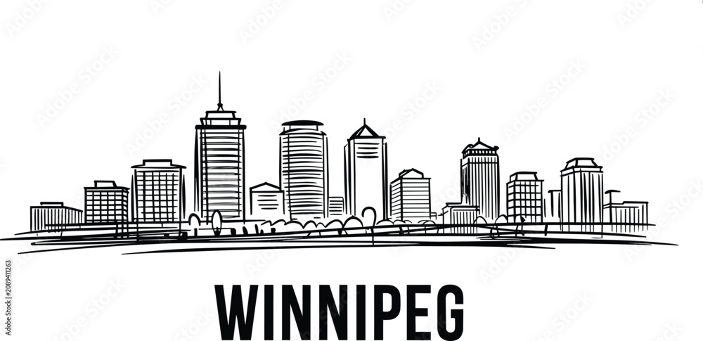 Obraz premium Winnipeg city skyline sketch featuring hand-drawn skyscrapers and bold typography text, minimalist black and white urban panorama and office building