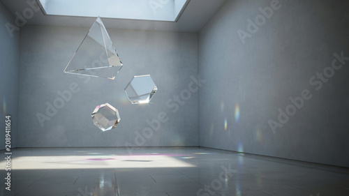 Geometric shapes, transparent prisms, hanging glass forms, modern art installation