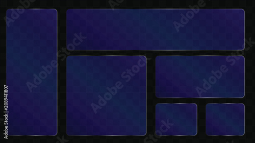 Abstract dark blue background with various rounded rectangular frames and panels, modern digital layout with glowing edges, futuristic interface design elements for ui or presentation