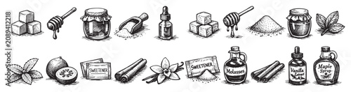 Various hand-drawn natural sweeteners and flavorings, including honey, sugar cubes, vanilla, and maple syrup, in a vintage sketch style on a white background