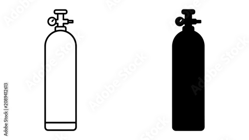 Bild auf Leinwand Gas Cylinder Icons: Two distinct representations of a gas cylinder, one as a clean outline and the other as a solid silhouette, illustrating industrial or scientific equipment