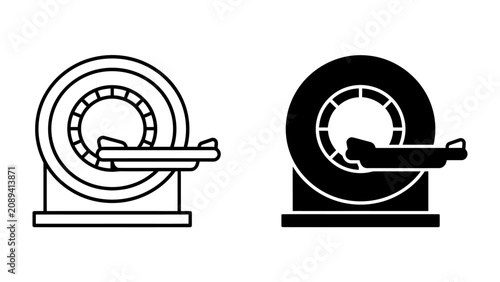 Konstfotografi MRI Scanner Icon: A clear and simple icon set depicting an MRI (Magnetic Resonance Imaging) scanner, showcasing its essential components in both outline and solid black formats