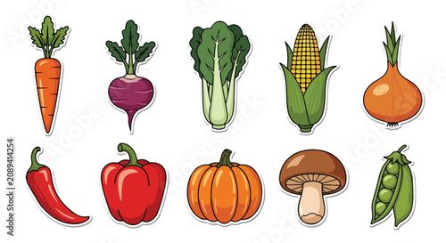 Fresh organic vegetable sticker set icon: Icon set - Minimalist, flat icon, outline, glyph, linear, clipart, sticker 