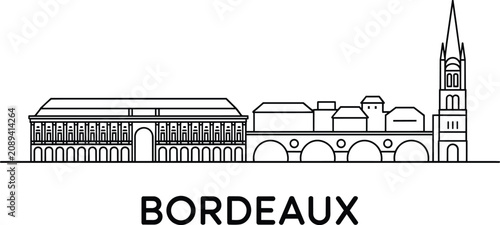 Bild auf Leinwand Bordeaux landmarks skyline minimalist black line art vector featuring place de l
