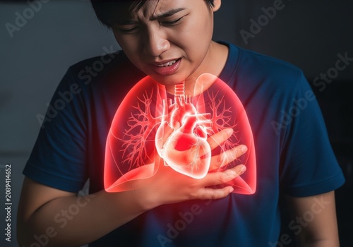 Person holding glowing heart-shaped graphic on shirt isolated on white background