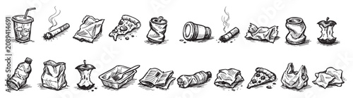 Fotografie Various hand-drawn illustrations of discarded trash items, including crumpled ca