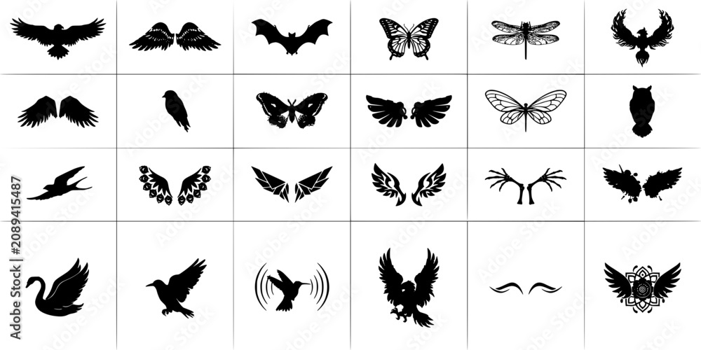 Obraz premium Wings Featuring Various Bird, Bat, and Insect Wing Designs in Black and White Featuring Butterfly, Moth, Dragonfly with Feathers