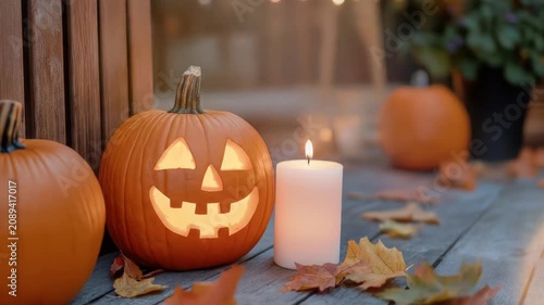 Cozy autumn scene with lit pumpkin lantern and candle on wooden porch